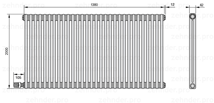 Схема (чертеж) Радиатор Zehnder Charleston 2200/30 №V004 Белый глянцевый RAL 9016